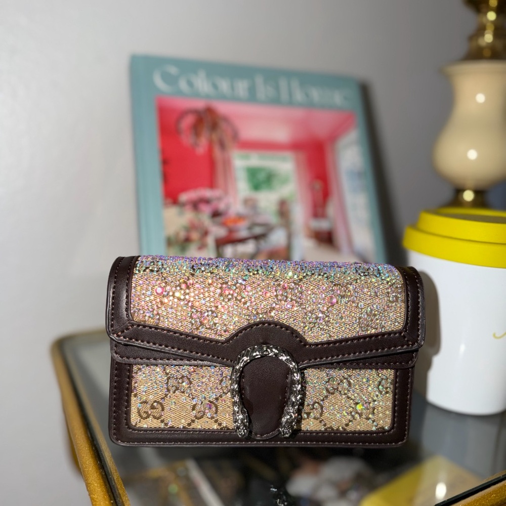 Bejeweled Brown Embellished Women's crossbody chain mini Bag